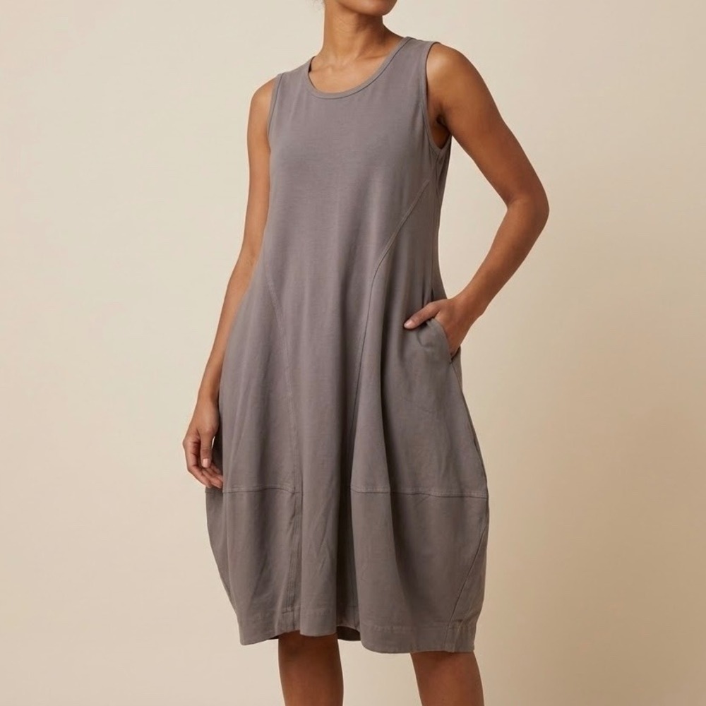 North Star Base Lagenlook Midi Dress Large Taupe Midi Balloon Hem USA Cotton